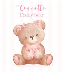 Obraz na płótnie Canvas Trendy Coquette teddy bear with pink ribbon bow, retro vintage watercolor vector