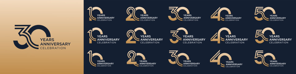collection of 10 to 50th anniversary logotype design, with golden color for celebration event, wedding, greeting card, and invitation, vector illustration - obrazy, fototapety, plakaty