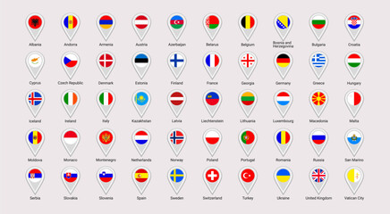Europe flag map pins isolated icons vector illustration. European countries location point, signs shapes. EU official symbols stickers set with state name. UK, Germany, France, Ukraine round badges.