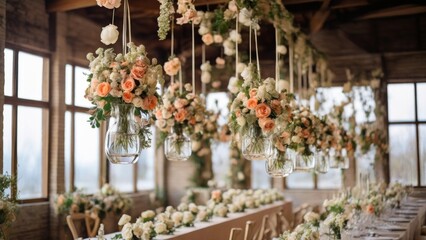 Fototapeta na wymiar Experience original wedding floral decoration with mini-vases and bouquets of flowers hanging elegantly from the ceiling, adding charm and romance to the venue.