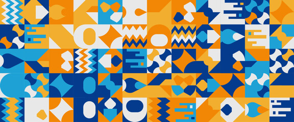Blue orange and white abstract geometric vector pattern mosaic shapes banner. For banner, background, business or technology presentation, web brochure cover layout, wallpaper