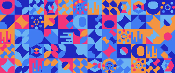 Blue pink and orange modern minimalist geometric mosaic style memphis seamless pattern abstract vector illustration. For presentation background, banner, background, poster, certificate, annual report
