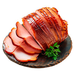 Traditional sliced honey honey glazed ham. Isolated on transparent background.