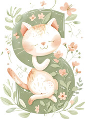 Charming Feline Holding Green Letter with Blooming Floral Accents in Soft Pastel Palette
