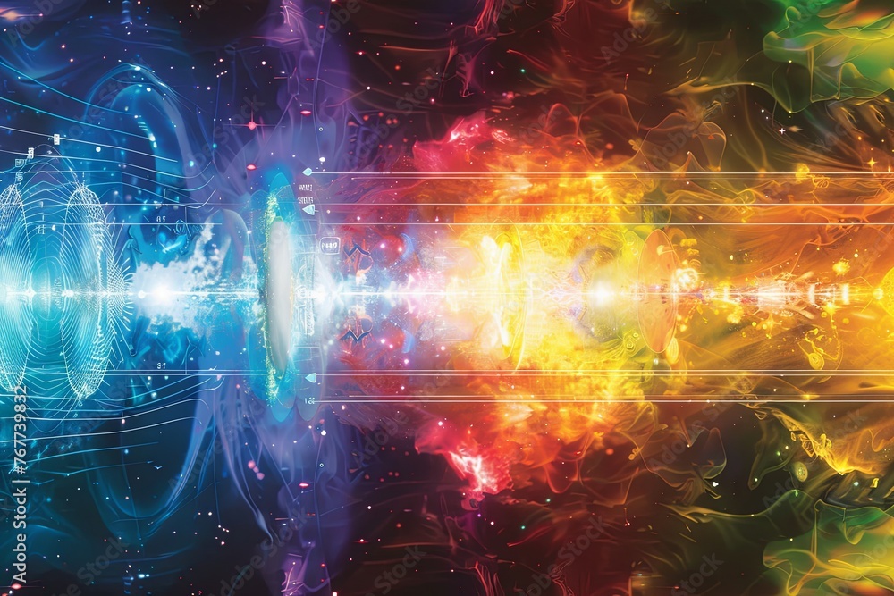 Poster a visualization of the electromagnetic spectrum, showcasing a multicolored background with intersect