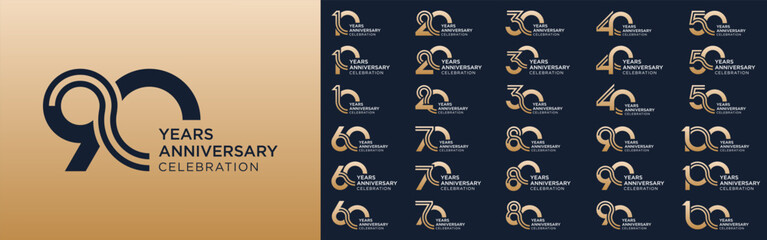 Obraz premium collection of 10 to 100th anniversary logotype design, with golden color for celebration event, wedding, greeting card, and invitation, vector illustration