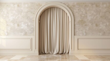 wall with neutral tone textured with sand with elegant curtains and arch 