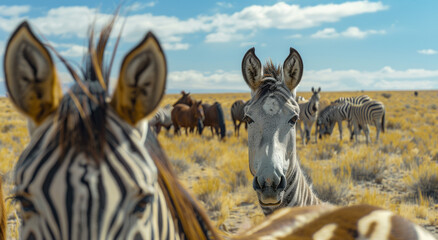 A photo of an epic scene with one zebra leading the way in front, surrounded by hundreds of horses...