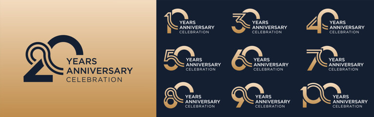 collection of 10 to 100th anniversary logotype design, with golden color for celebration event, wedding, greeting card, and invitation, vector illustration