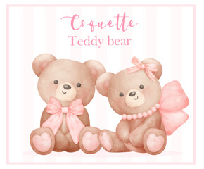 Two Coquette Teddy Bear with ribbon bow Trendy Retro Vintage Watercolor Illustration