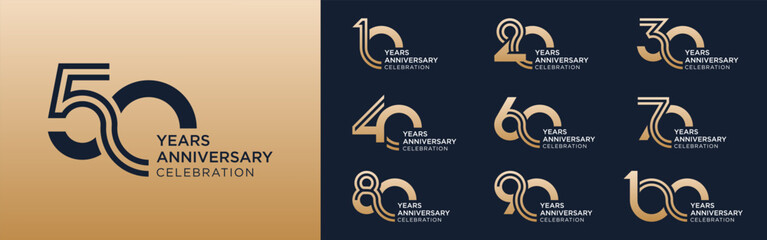 collection of 10 to 100th anniversary logotype design, with golden color for celebration event, wedding, greeting card, and invitation, vector illustration - obrazy, fototapety, plakaty