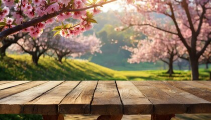 Naklejka na ściany i meble Close up an empty wooden table on nature outdoors in sunlight in garden background with Spring, flower pink blossom landscape sun,