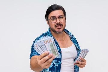 A perverted middle aged tourist in an unbuttoned Hawaiian shirt offering cash for an illicit offer. Isolated on a white background. - obrazy, fototapety, plakaty