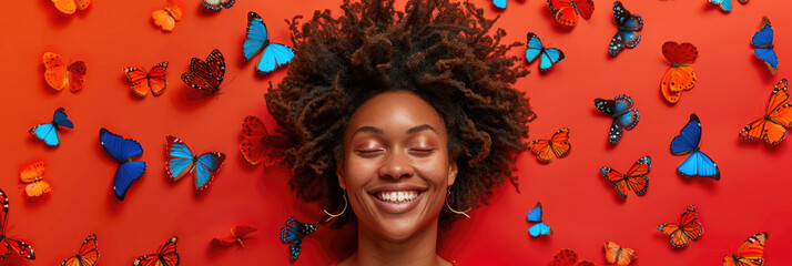 Happy woman with curly hair stands in front of a wall adorned with colorful butterflies