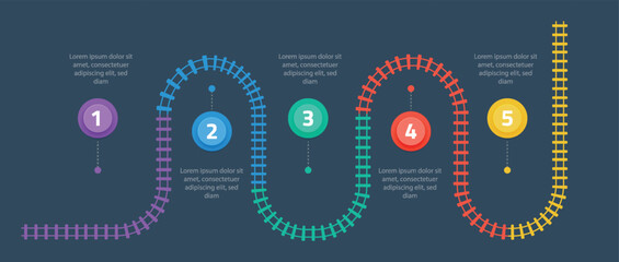 Railroad tracks infographic. Business template with numbers 5 options or steps. Railway simple icon, rail track direction, train tracks colorful vector illustration on a black background. © YEVHENIIA