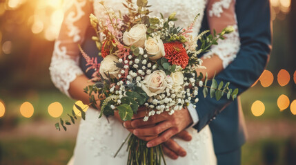 A bride and groom standing together, holding a bouquet of flowers on their wedding day - obrazy, fototapety, plakaty