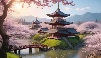 "Amidst a blooming cherry blossom orchard, a serene village paints a stunning spectacle, with its ancient pagoda, traditional tea houses, and a sense of tranquility under the delicate blossoms."