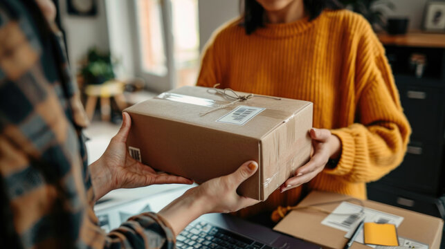 A person is passing a box to another person in a simple act of giving and receiving