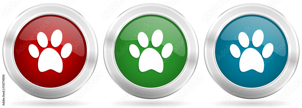 Poster animal foot vector icon set. red, blue and green silver metallic web buttons with chrome border