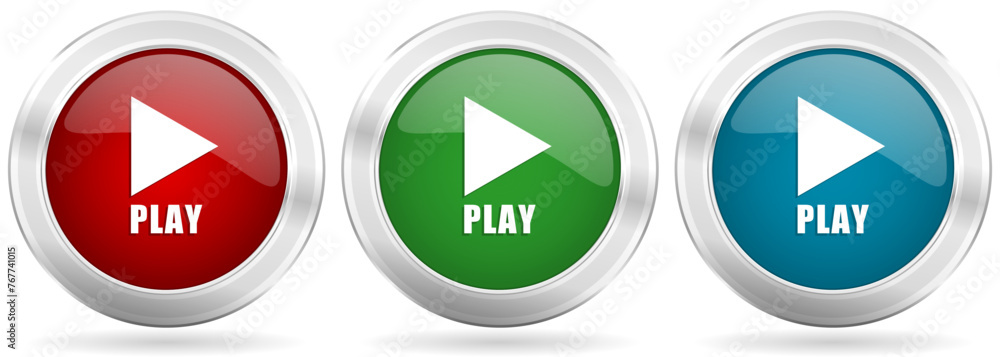Poster play vector icon set. red, blue and green silver metallic web buttons with chrome border