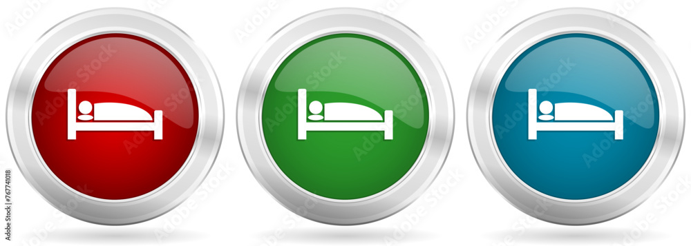 Poster Hotel vector icon set. Red, blue and green silver metallic web buttons with chrome border