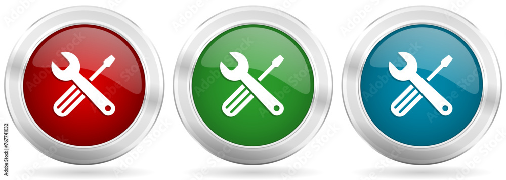 Poster Tools vector icon set. Red, blue and green silver metallic web buttons with chrome border