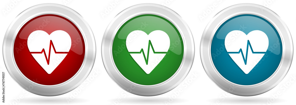 Poster pulse vector icon set. red, blue and green silver metallic web buttons with chrome border