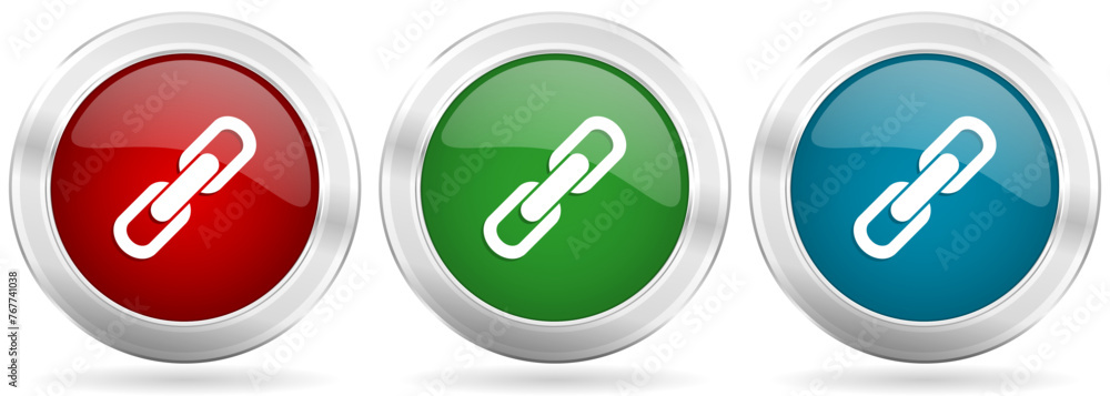 Poster Link vector icon set. Red, blue and green silver metallic web buttons with chrome border