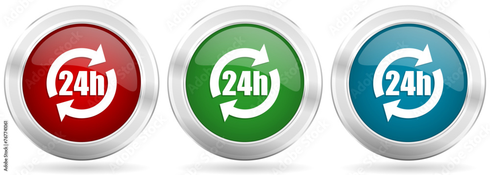 Poster 24h vector icon set. red, blue and green silver metallic web buttons with chrome border