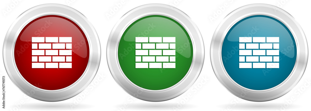 Poster brick wall, building vector icon set. red, blue and green silver metallic web buttons with chrome bo