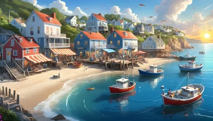 Selbstklebende Fototapeten "A coastal village graces the shoreline, with colorful fishing boats bobbing in the harbor, charming seafood restaurants, and white-washed houses that reflect the sun's rays." © Zulfi_Art