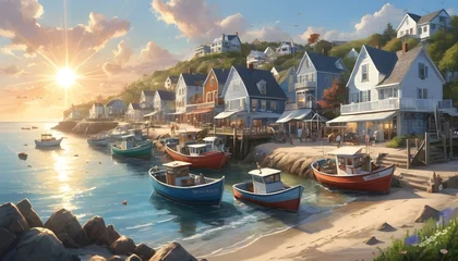 Fotobehang "A coastal village graces the shoreline, with colorful fishing boats bobbing in the harbor, charming seafood restaurants, and white-washed houses that reflect the sun's rays." © Zulfi_Art