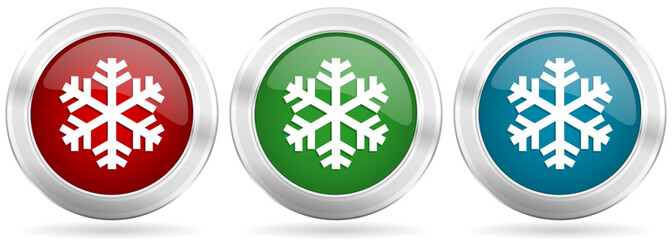 Snow vector icon set. Red, blue and green silver metallic web buttons with chrome border