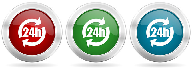 24h vector icon set. Red, blue and green silver metallic web buttons with chrome border