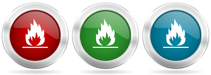 Flame vector icon set. Red, blue and green silver metallic web buttons with chrome border