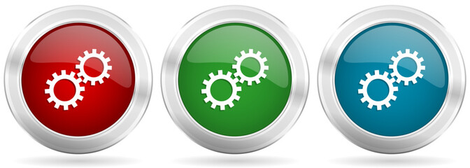 Gear, cogwheel vector icon set. Red, blue and green silver metallic web buttons with chrome border