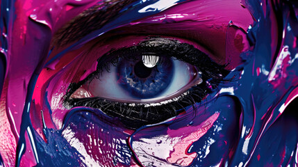 A detailed view of a persons eye with vibrant purple paint artfully applied around the eye, creating a striking and artistic effect - obrazy, fototapety, plakaty