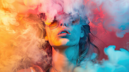 Charming woman exhales smoke, with tendrils swirling around her face in a mysterious and intriguing manner - obrazy, fototapety, plakaty