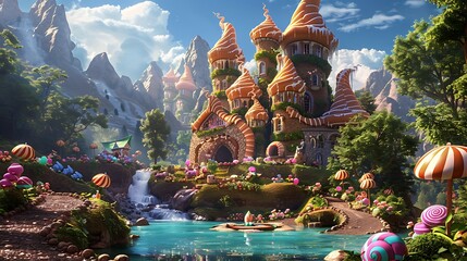 castle on fantasy world, with, candy, sweaty tree beautiful wonderland, - obrazy, fototapety, plakaty
