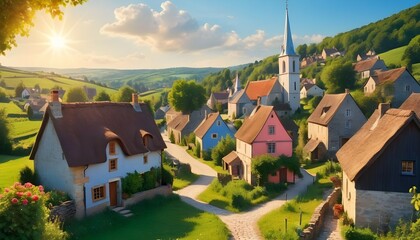 "Against a backdrop of idyllic countryside, a charming village reveals its charm, with neatly lined houses, a quaint church steeple, and winding pathways inviting exploration."