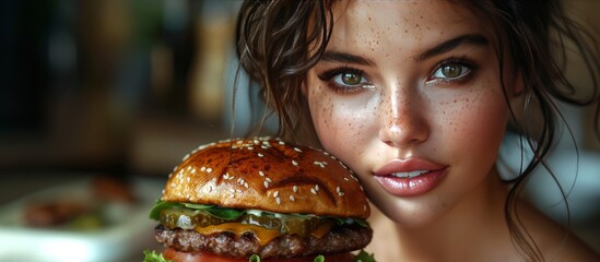 beautiful woman with a hamburger looking at camera