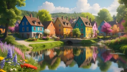 "A quaint village emerges by a tranquil river, with colorful houses reflecting in the calm water, surrounded by majestic trees and blooming wildflowers."