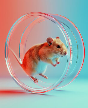 profile of humster running fast in a big HAMSTER WHEEL on light red and light blue gradient background in the style of photorealistic, elegant, uhd image, bold color palate