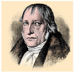 vector colored old engraving of famous german philosopher Georg Wilhelm Friedrich Hegel, engraving is from Meyers Lexicon published 1914 - Leipzig, Deutschland - obrazy, fototapety, plakaty