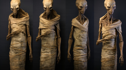 the mummy of an alien, a fantastic invented plot. the skull and remains of a humanoid alien creature