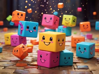 Cute colorful cubes bouncing on the ground