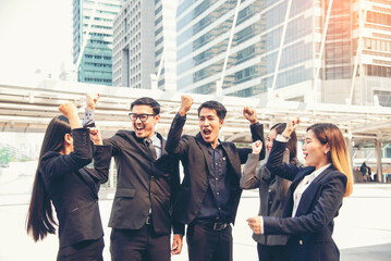 Fototapeta premium Diversity Business people partner handshake together in modern city. Teams meeting trust in teamwork partnership with businessman and businesswoman. Group of people shaking hands together teamwork