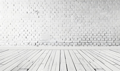 White Brick Wall Texture with white wooden floor, Generative AI