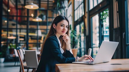 Portrait of pretty young business woman sitting on workplace with laptop
