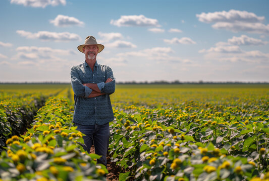 Farmer standing in field examining crop